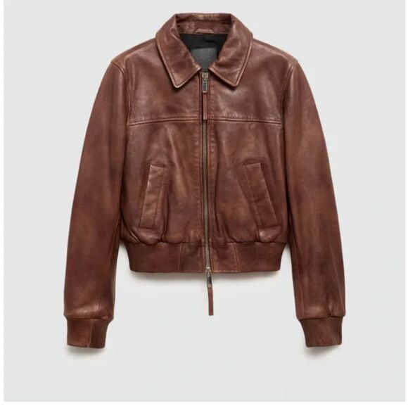 Mango MNG $240 Brown 100% Leather Jacket bomber coat women's medium NWT - Picture 4 of 13